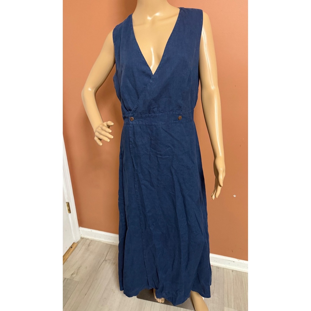 Linen Handmade Studio Navy Blue 100% Linen Wrap Maxi Dress Lithuania Womens